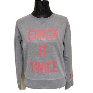 Victoria Secret Pink Crewneck Pull Over Sweater Gray Graphic "check It Twice" XS